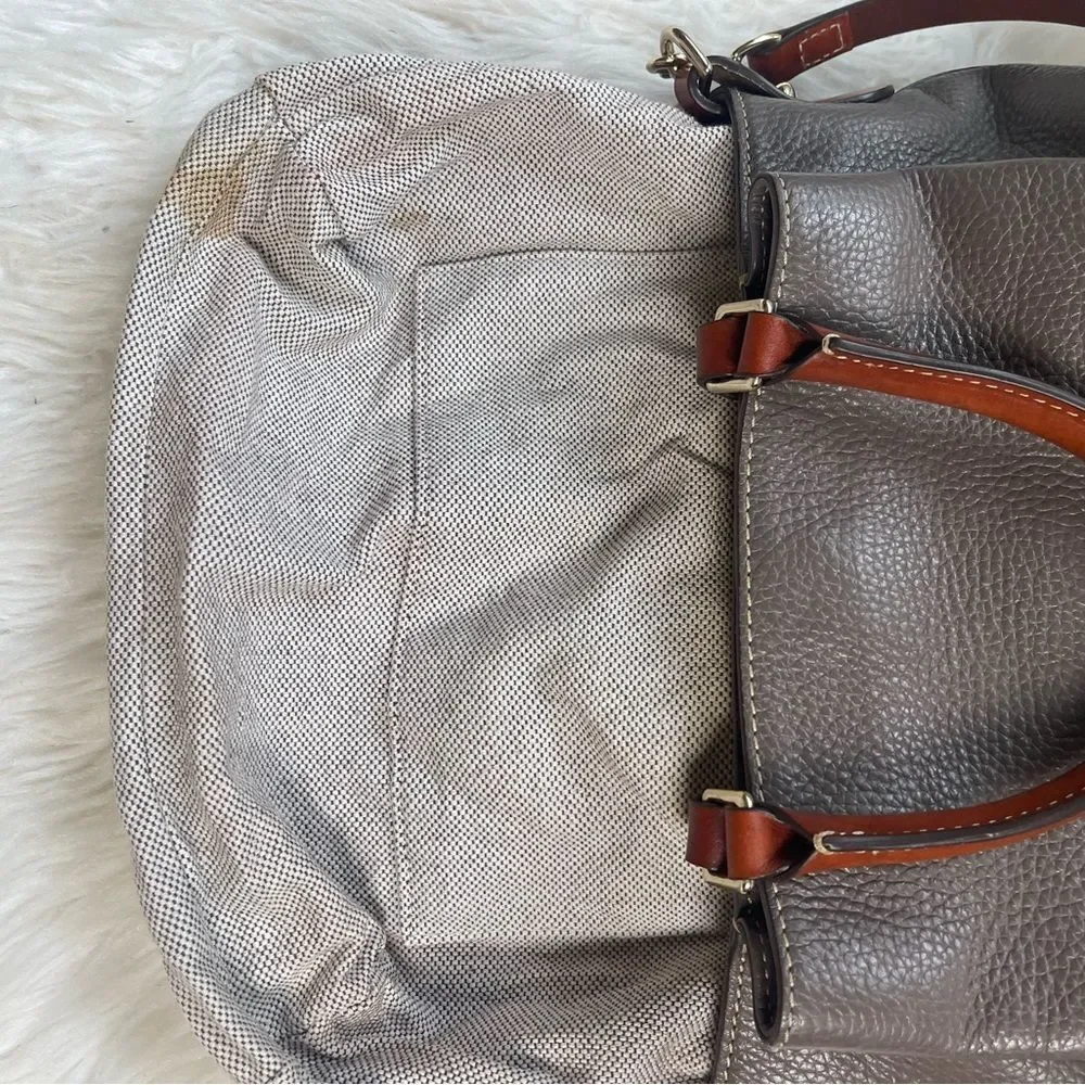 Dooney & Bourke Brenna Gray pebble Leather satchel tanTrim & Strap bonus pouch.